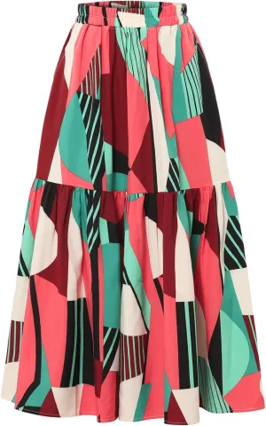 Ladies' Elastic Waist Printed Skirt with Pockets in Spring Summer and Autumn