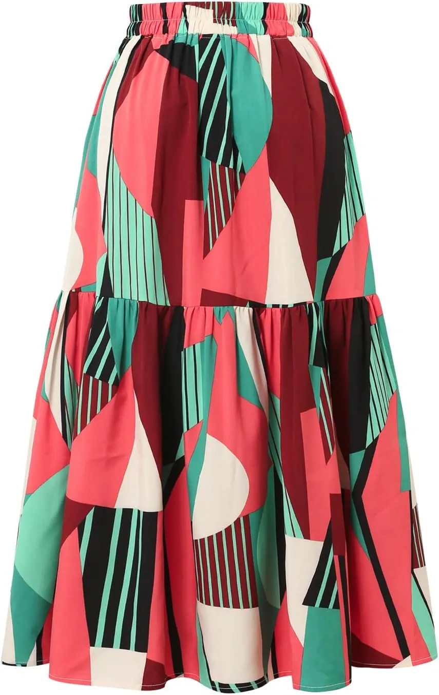 Ladies' Elastic Waist Printed Skirt with Pockets in Spring Summer and Autumn