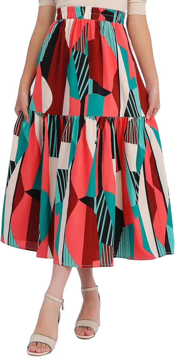 Ladies' Elastic Waist Printed Skirt with Pockets in Spring Summer and Autumn