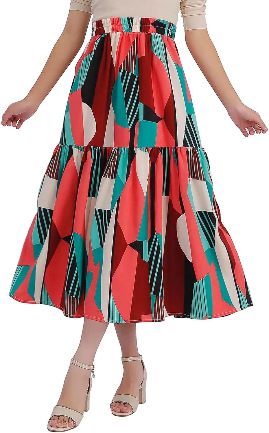 Ladies' Elastic Waist Printed Skirt with Pockets in Spring Summer and Autumn