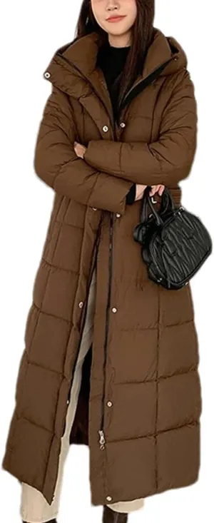 Ladies Hooded Solid Stripe Long Parka Coat Classic Tighten The Waist Pockets Cotton-Padded Jacket