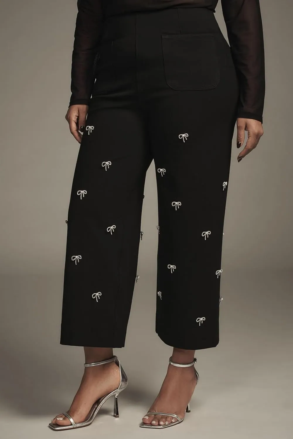 Ladyful Women's Cropped Wide Leg Pant Bow Rhinestone Casual Baggy High Waisted Palazzo Pant Trouser