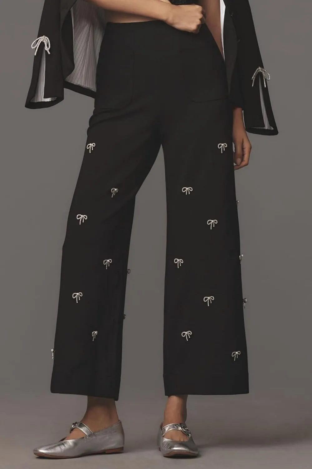 Ladyful Women's Cropped Wide Leg Pant Bow Rhinestone Casual Baggy High Waisted Palazzo Pant Trouser