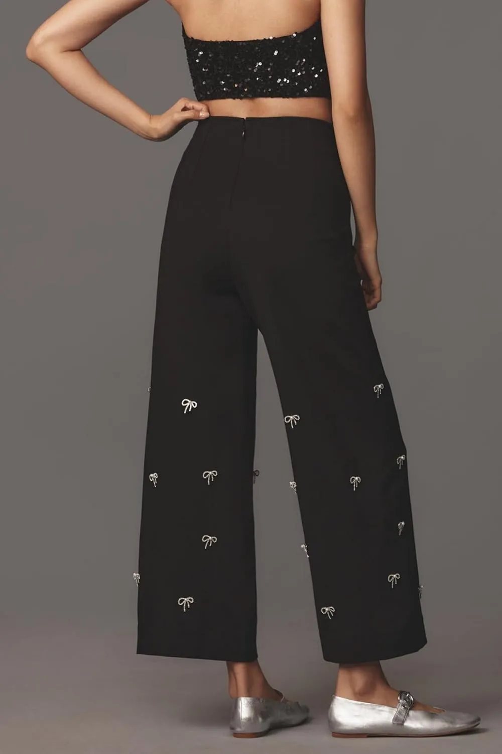Ladyful Women's Cropped Wide Leg Pant Bow Rhinestone Casual Baggy High Waisted Palazzo Pant Trouser