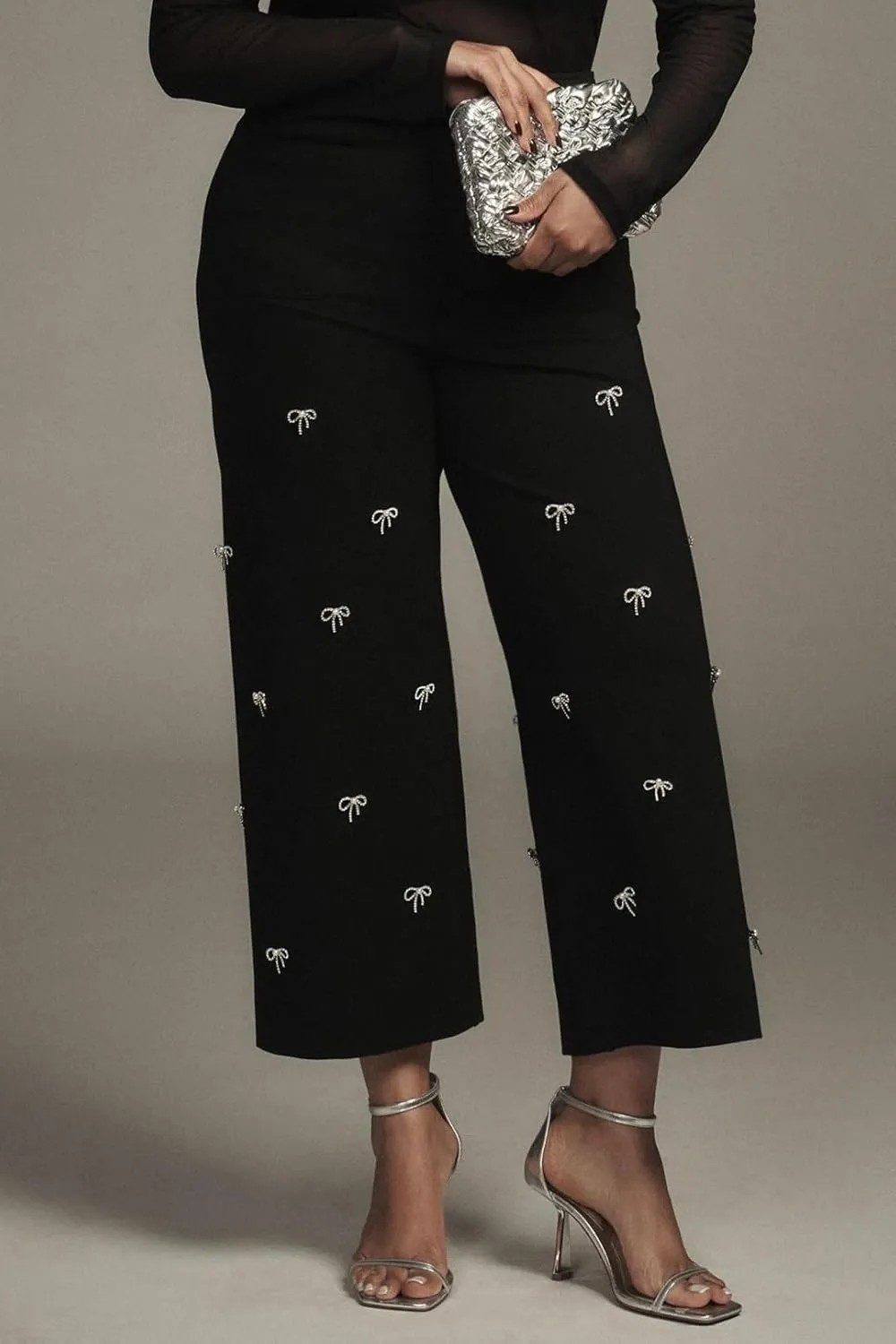 Ladyful Women's Cropped Wide Leg Pant Bow Rhinestone Casual Baggy High Waisted Palazzo Pant Trouser