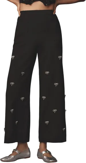 Ladyful Women's Cropped Wide Leg Pant Bow Rhinestone Casual Baggy High Waisted Palazzo Pant Trouser