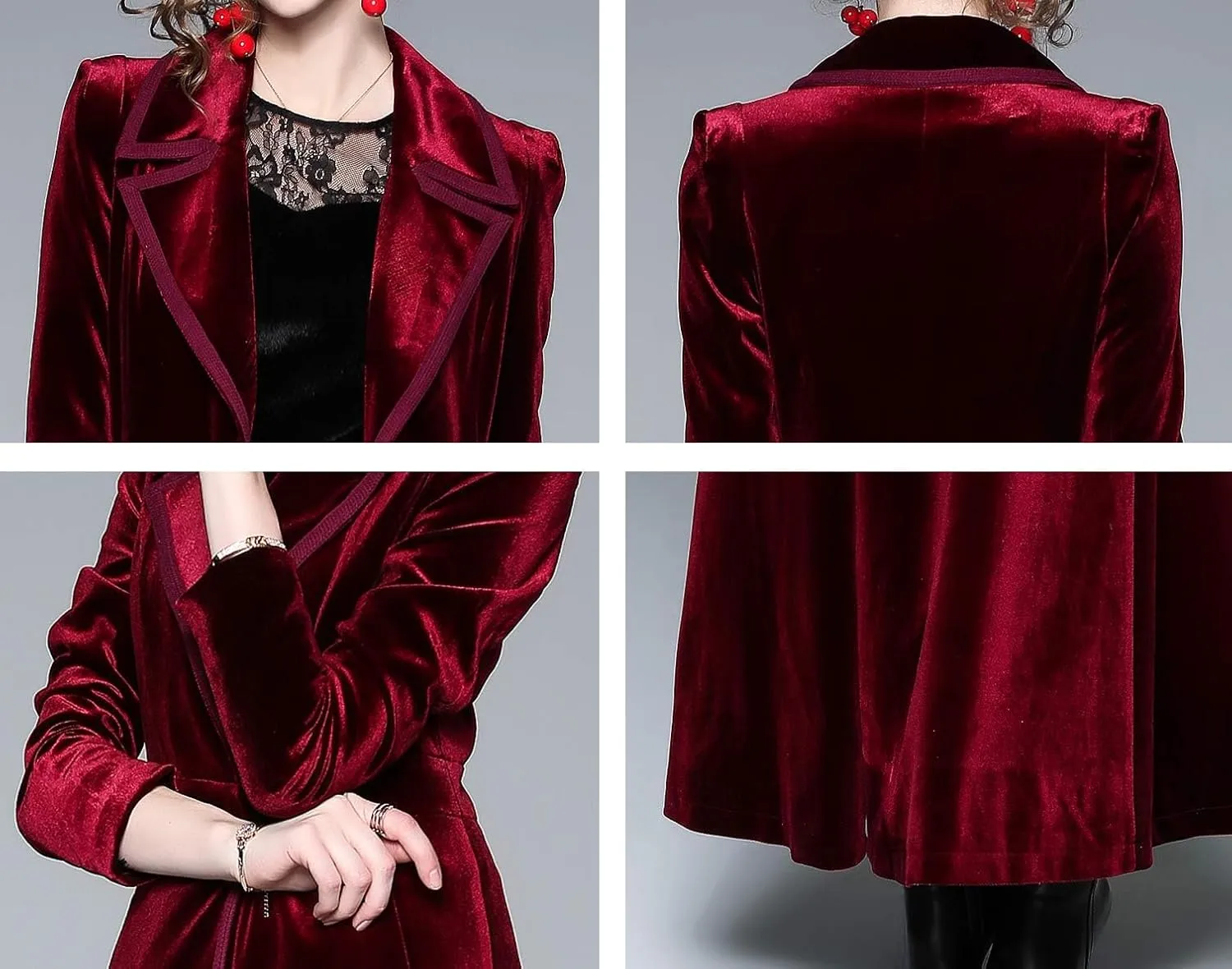 LAI MENG FIVE CATS Women's Elegant Notched Lapel Velvet Maxi-Length Trench Coat with Pocket