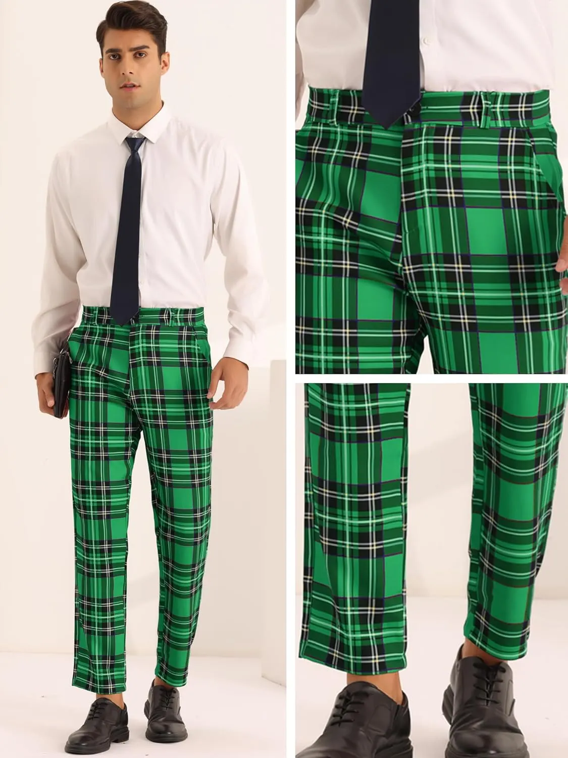 Lars Amadeus Plaid Dress Pants for Men's Slim Fit Straight Leg Formal Tartan Pattern Pants