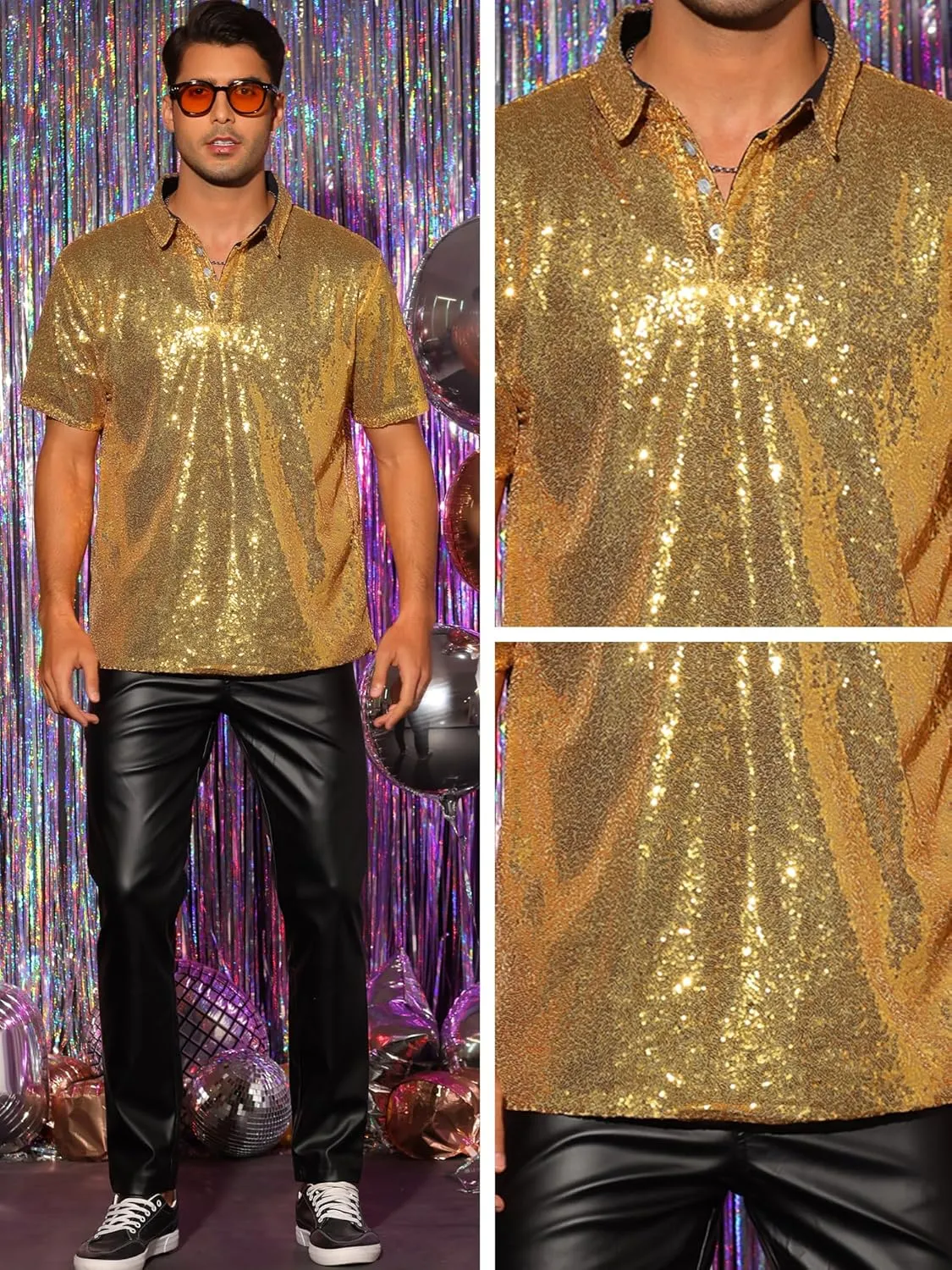 Lars Amadeus Sequin Polo for Men's Sparkle Short Sleeves Club Party Shiny Golf Shirts
