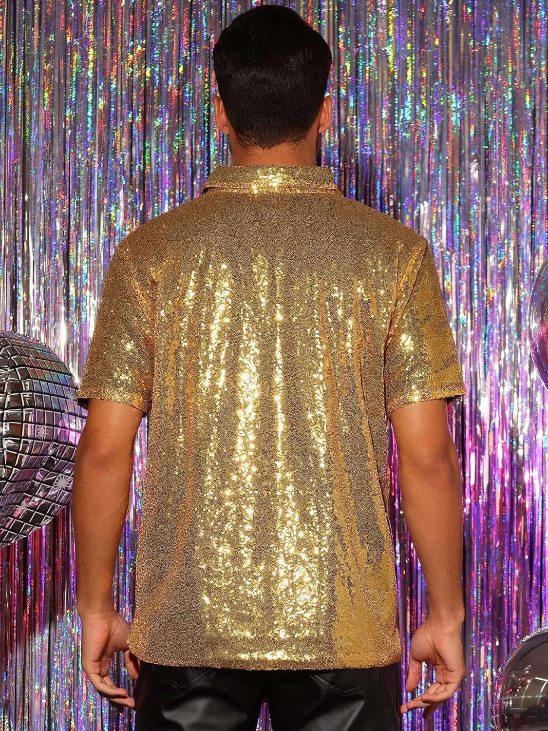 Lars Amadeus Sequin Polo for Men's Sparkle Short Sleeves Club Party Shiny Golf Shirts