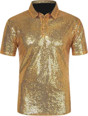 Lars Amadeus Sequin Polo for Men's Sparkle Short Sleeves Club Party Shiny Golf Shirts