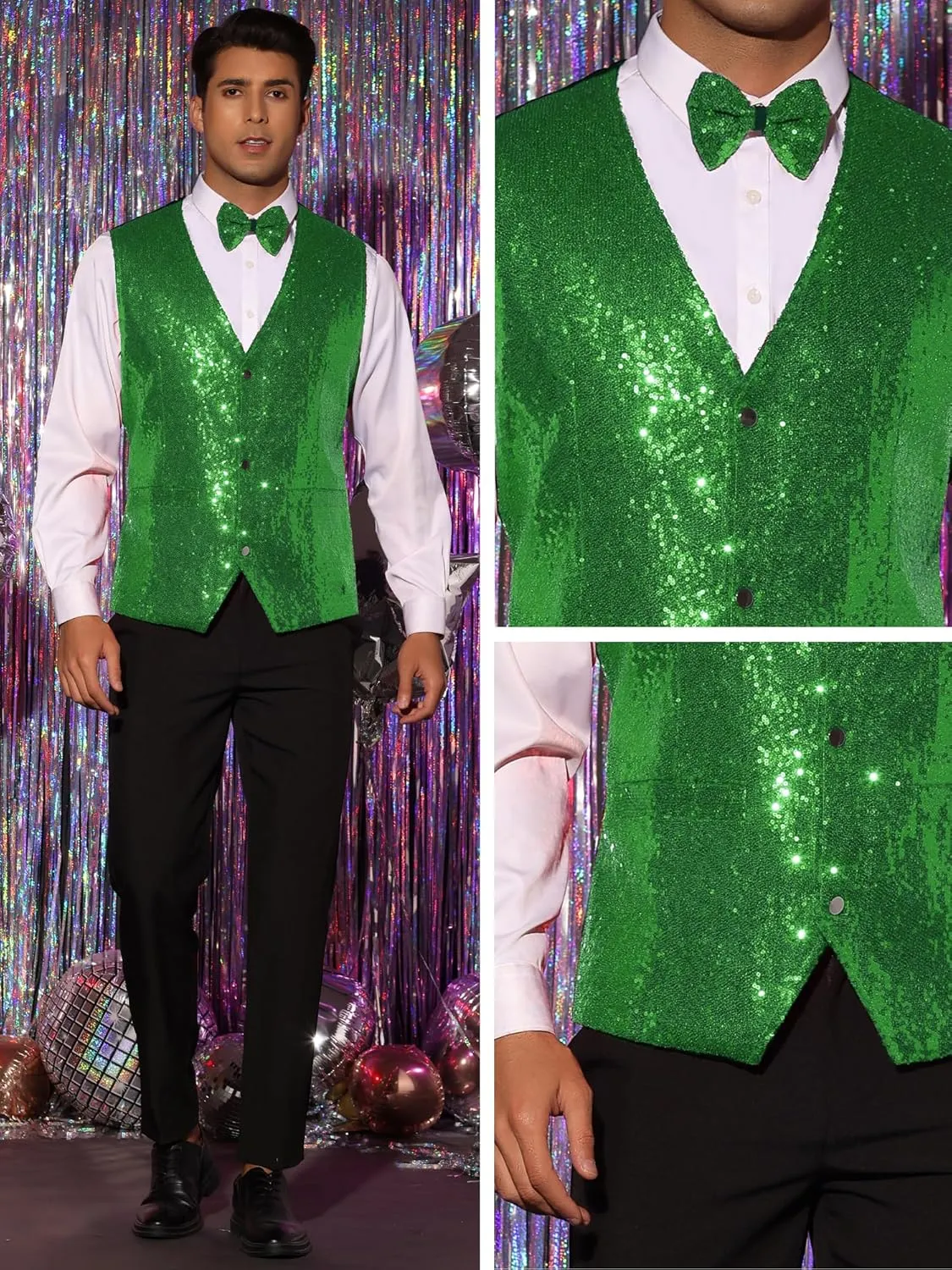 Lars Amadeus Sequins Vest for Men's V-Neck Slim Fit Shiny Disco Party Sleeveless Waistcoat Bowtie