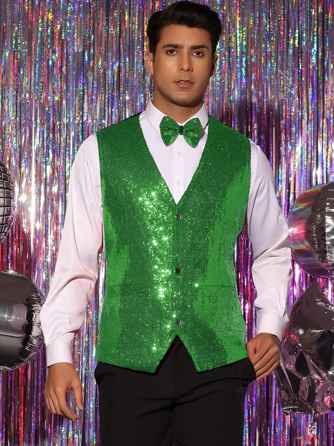 Lars Amadeus Sequins Vest for Men's V-Neck Slim Fit Shiny Disco Party Sleeveless Waistcoat Bowtie