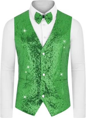 Lars Amadeus Sequins Vest for Men's V-Neck Slim Fit Shiny Disco Party Sleeveless Waistcoat Bowtie