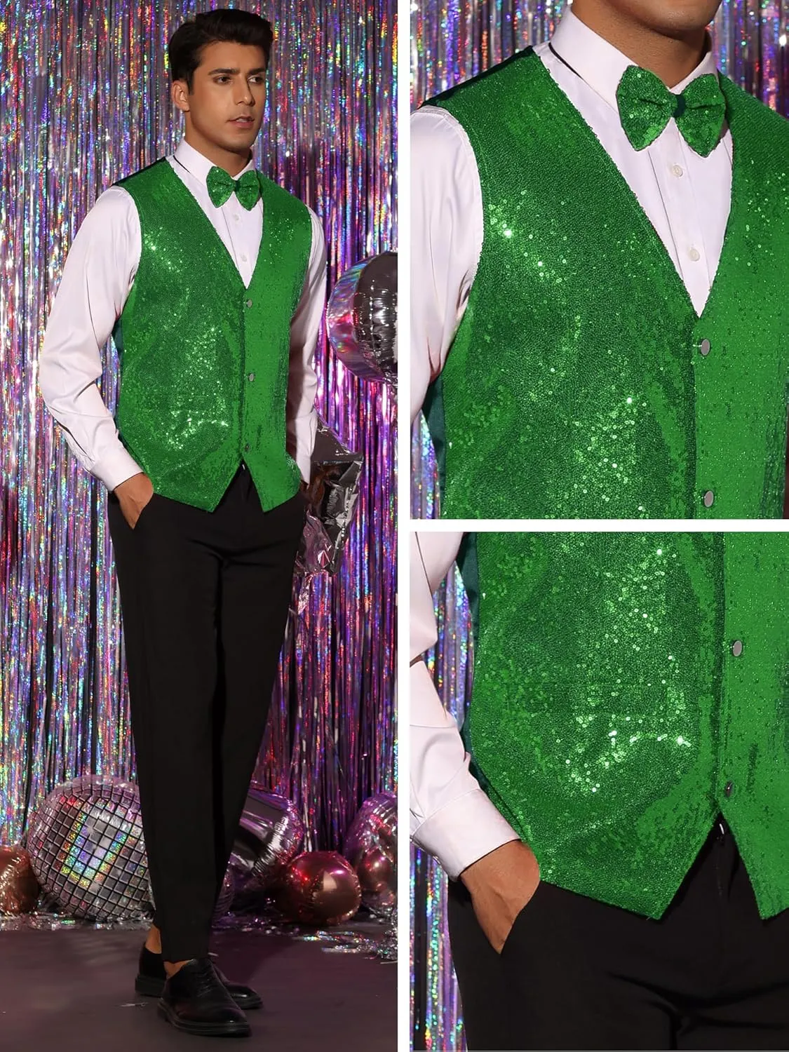 Lars Amadeus Sequins Vest for Men's V-Neck Slim Fit Shiny Disco Party Sleeveless Waistcoat Bowtie