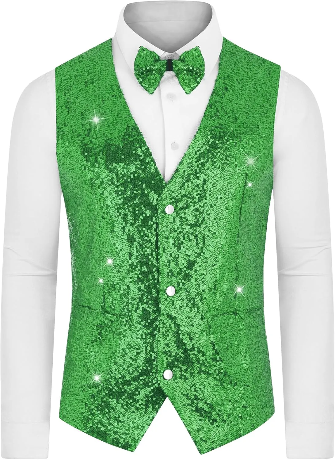 Lars Amadeus Sequins Vest for Men's V-Neck Slim Fit Shiny Disco Party Sleeveless Waistcoat Bowtie