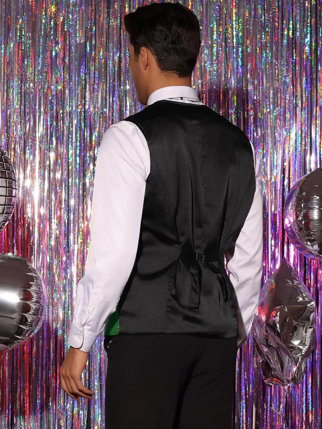 Lars Amadeus Sequins Vest for Men's V-Neck Slim Fit Shiny Disco Party Sleeveless Waistcoat Bowtie