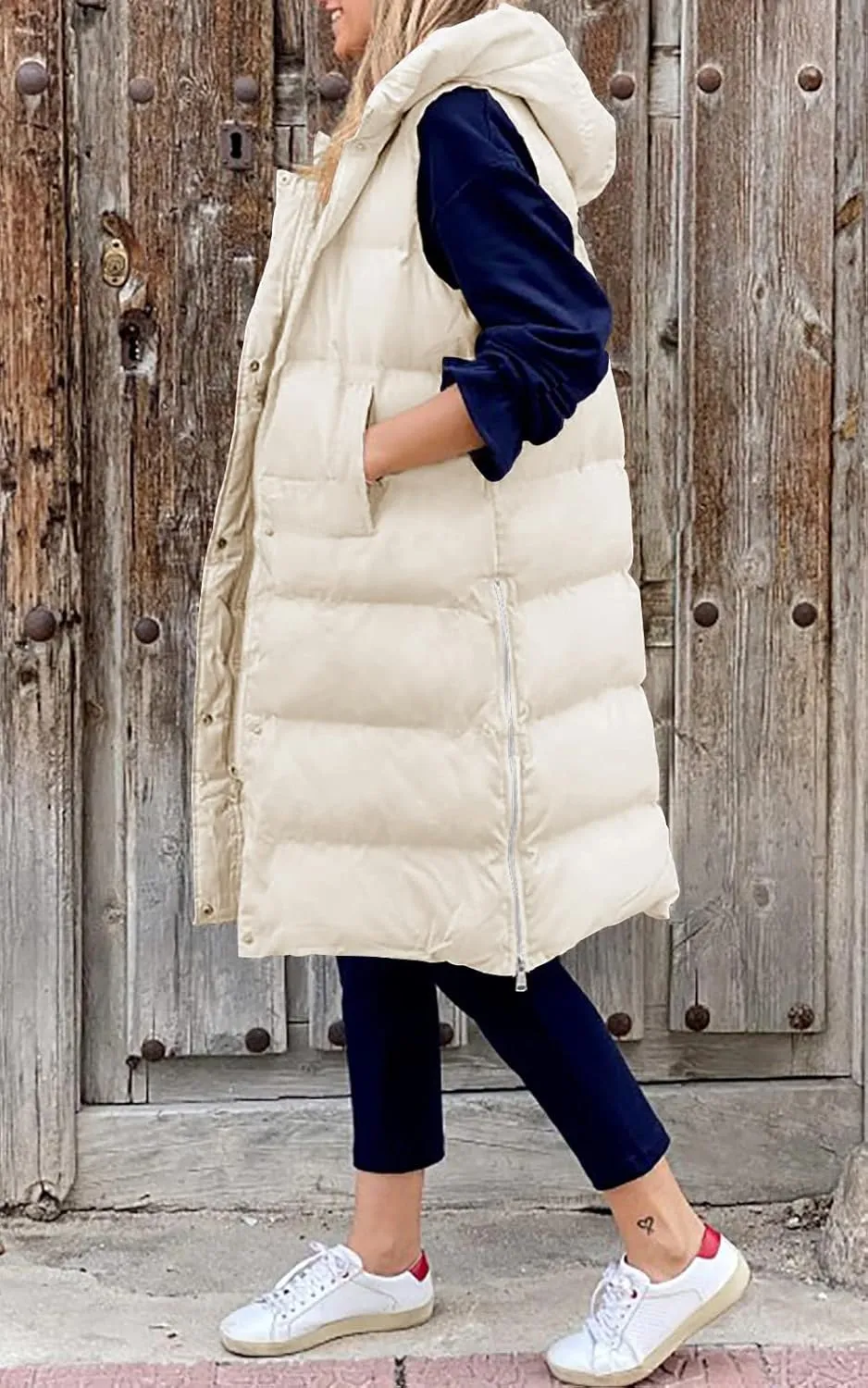 LEANI Womens Long Puffer Vest Full-Zip Hooded Sleeveless Jacket Coats with Pockets