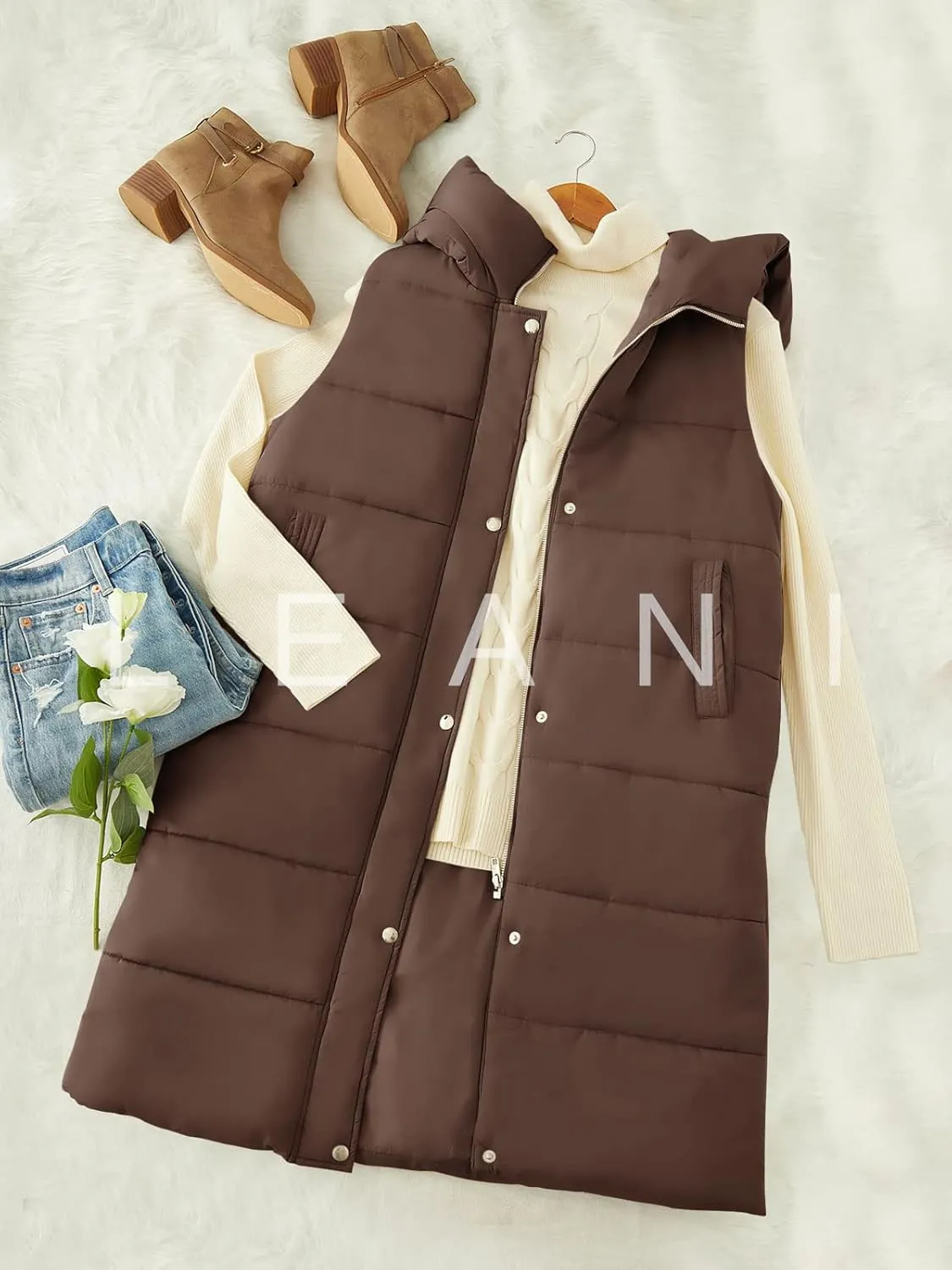 LEANI Womens Long Puffer Vest Full-Zip Hooded Sleeveless Jacket Coats with Pockets