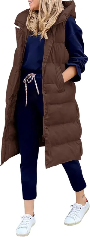 LEANI Womens Long Puffer Vest Full-Zip Hooded Sleeveless Jacket Coats with Pockets