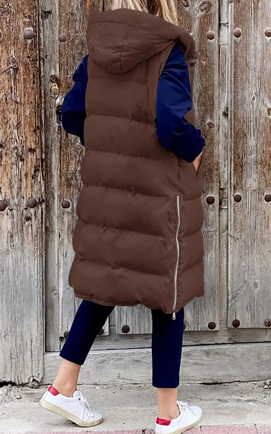 LEANI Womens Long Puffer Vest Full-Zip Hooded Sleeveless Jacket Coats with Pockets