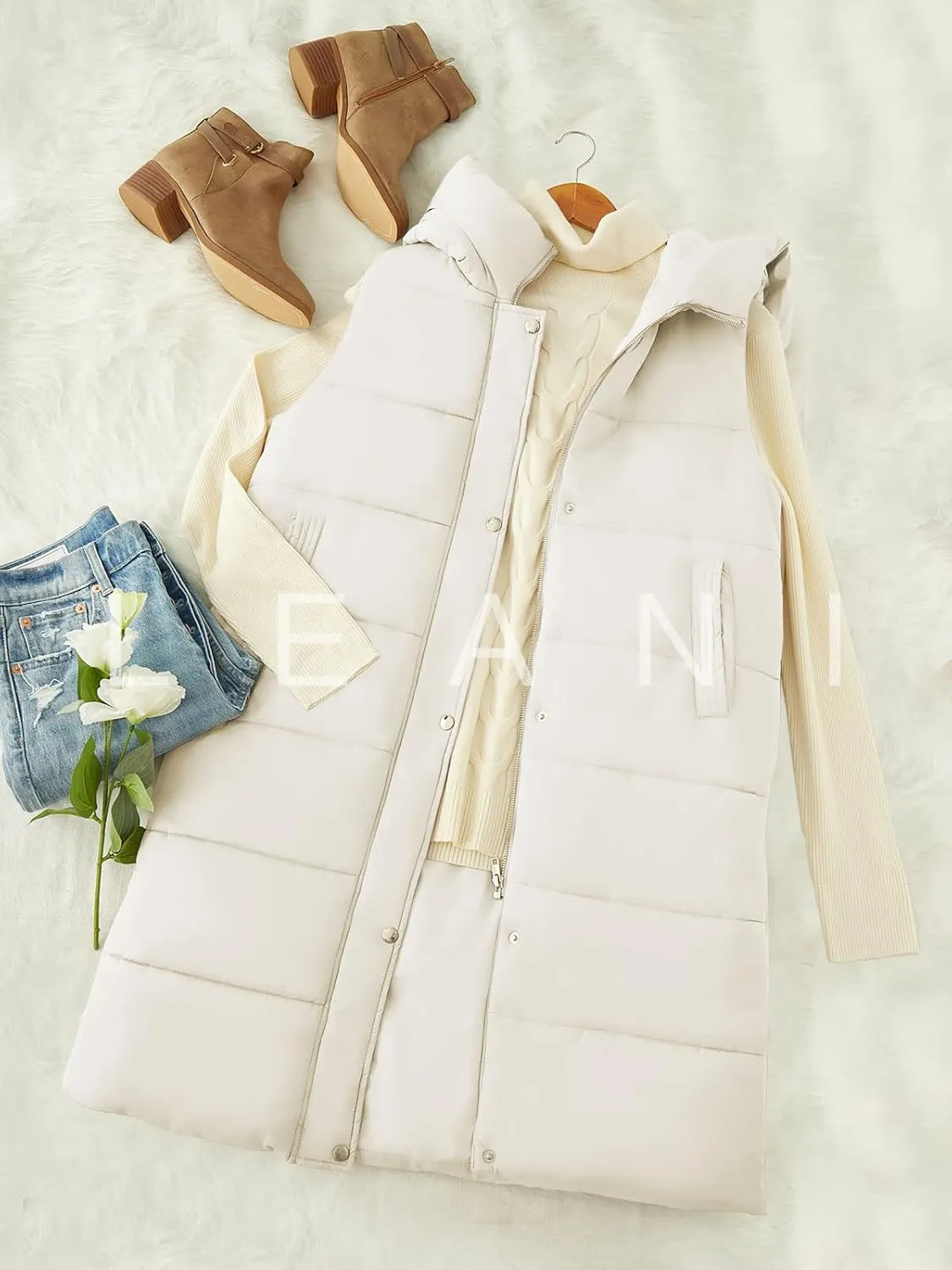 LEANI Womens Long Puffer Vest Full-Zip Hooded Sleeveless Jacket Coats with Pockets