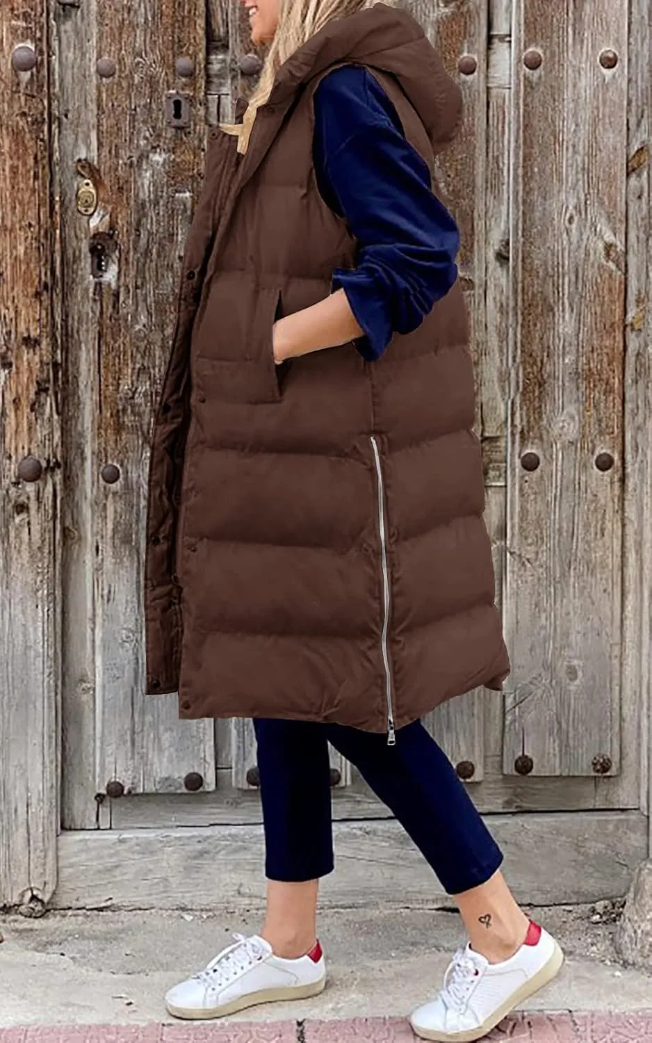 LEANI Womens Long Puffer Vest Full-Zip Hooded Sleeveless Jacket Coats with Pockets
