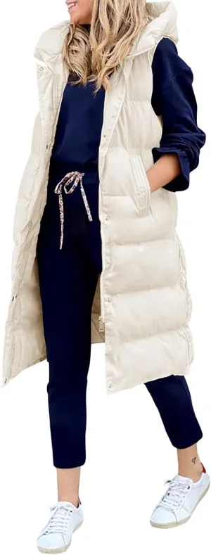 LEANI Womens Long Puffer Vest Full-Zip Hooded Sleeveless Jacket Coats with Pockets