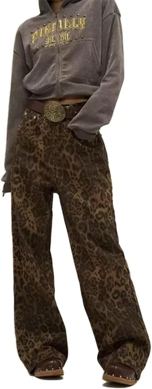 Leopard Print Jeans for Women Men - Y2k Aesthetic Cargo Pants, Baggy Wide Leg, Small