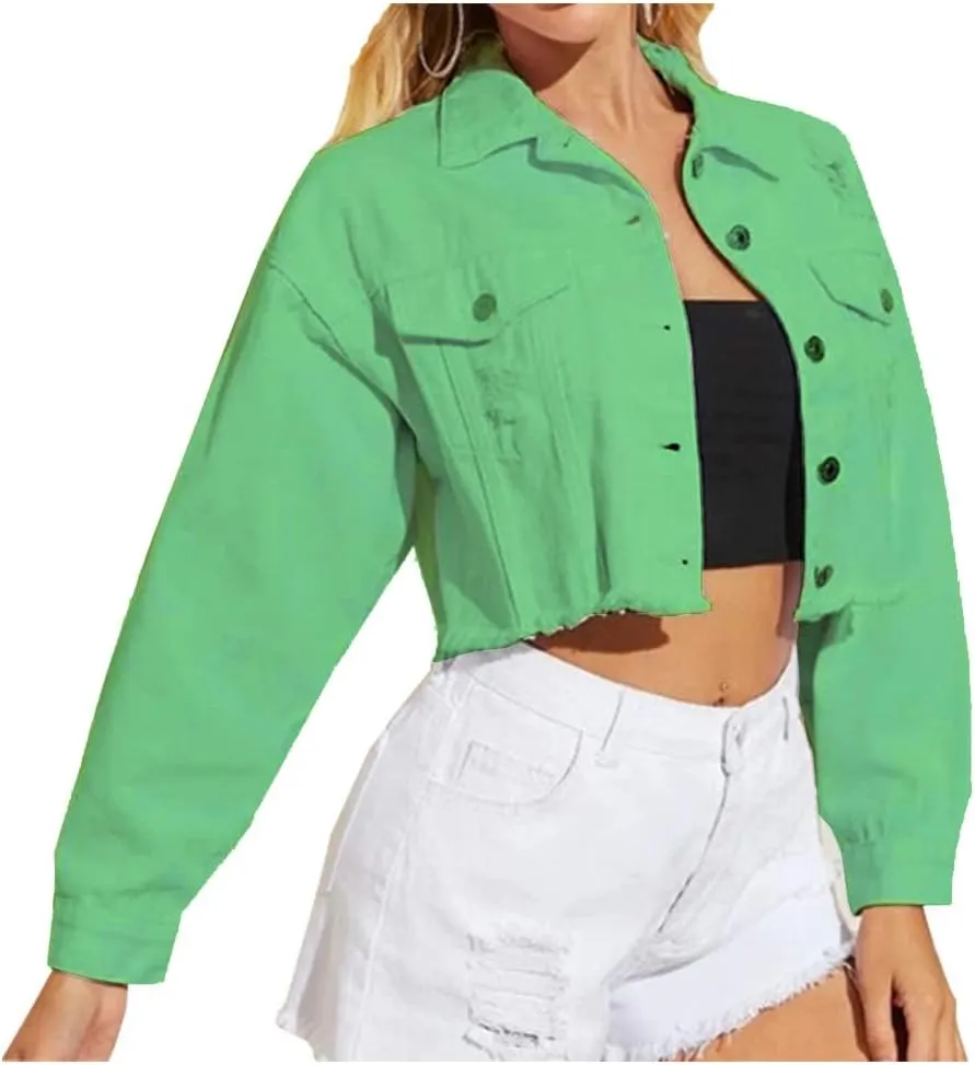 LifeShe Women Cropped Ripped Distressed Denim Jean Jacket Coat Fringe with Frayed Hem