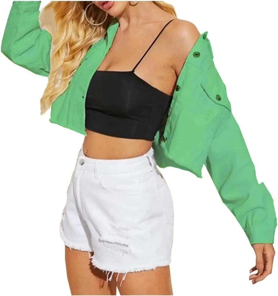LifeShe Women Cropped Ripped Distressed Denim Jean Jacket Coat Fringe with Frayed Hem