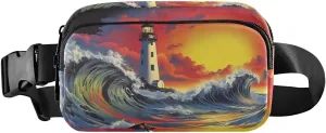 Lighthouse Wave Fanny Pack Water Resistant, Women Men Waist Pack Sling Bag Purse for Travel Hiking