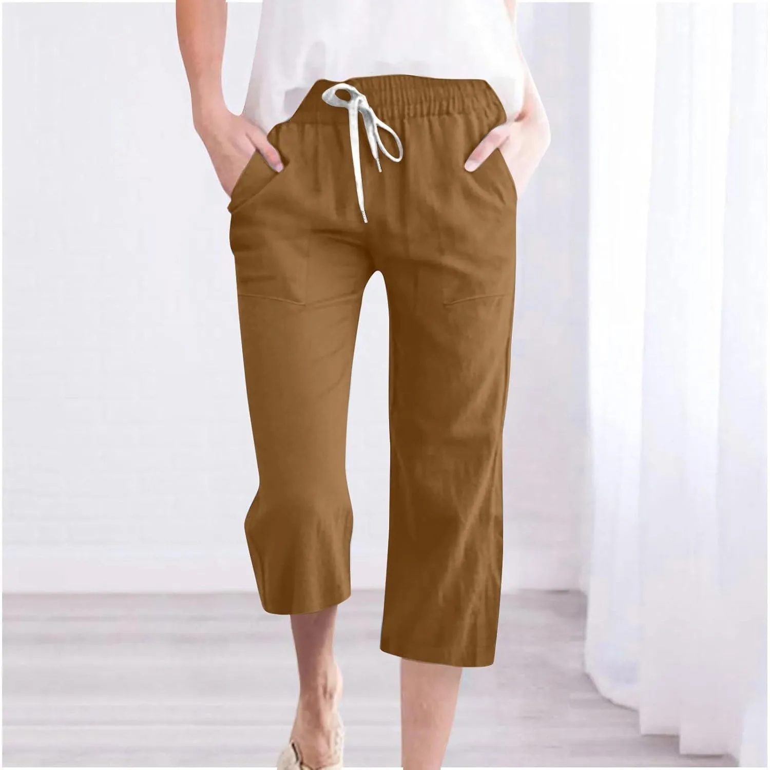 Linen Capri Pants for Women 2025 Summer Casual Elastic Waist Drawstring Pants Straight Wide Leg Cropped Trouser