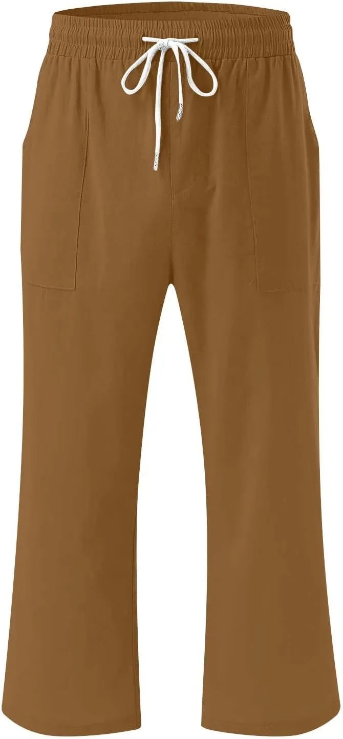 Linen Capri Pants for Women 2025 Summer Casual Elastic Waist Drawstring Pants Straight Wide Leg Cropped Trouser