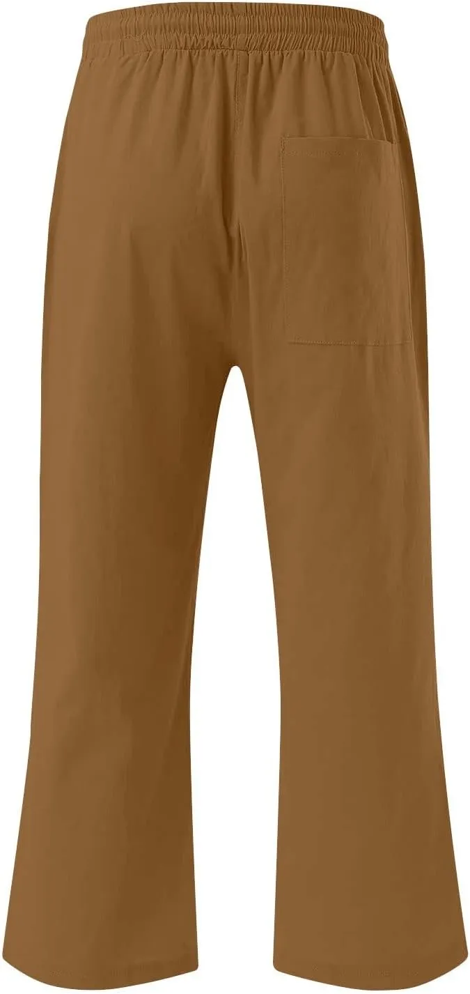 Linen Capri Pants for Women 2025 Summer Casual Elastic Waist Drawstring Pants Straight Wide Leg Cropped Trouser