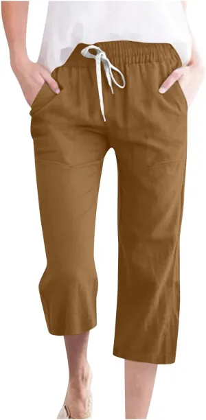 Linen Capri Pants for Women 2025 Summer Casual Elastic Waist Drawstring Pants Straight Wide Leg Cropped Trouser