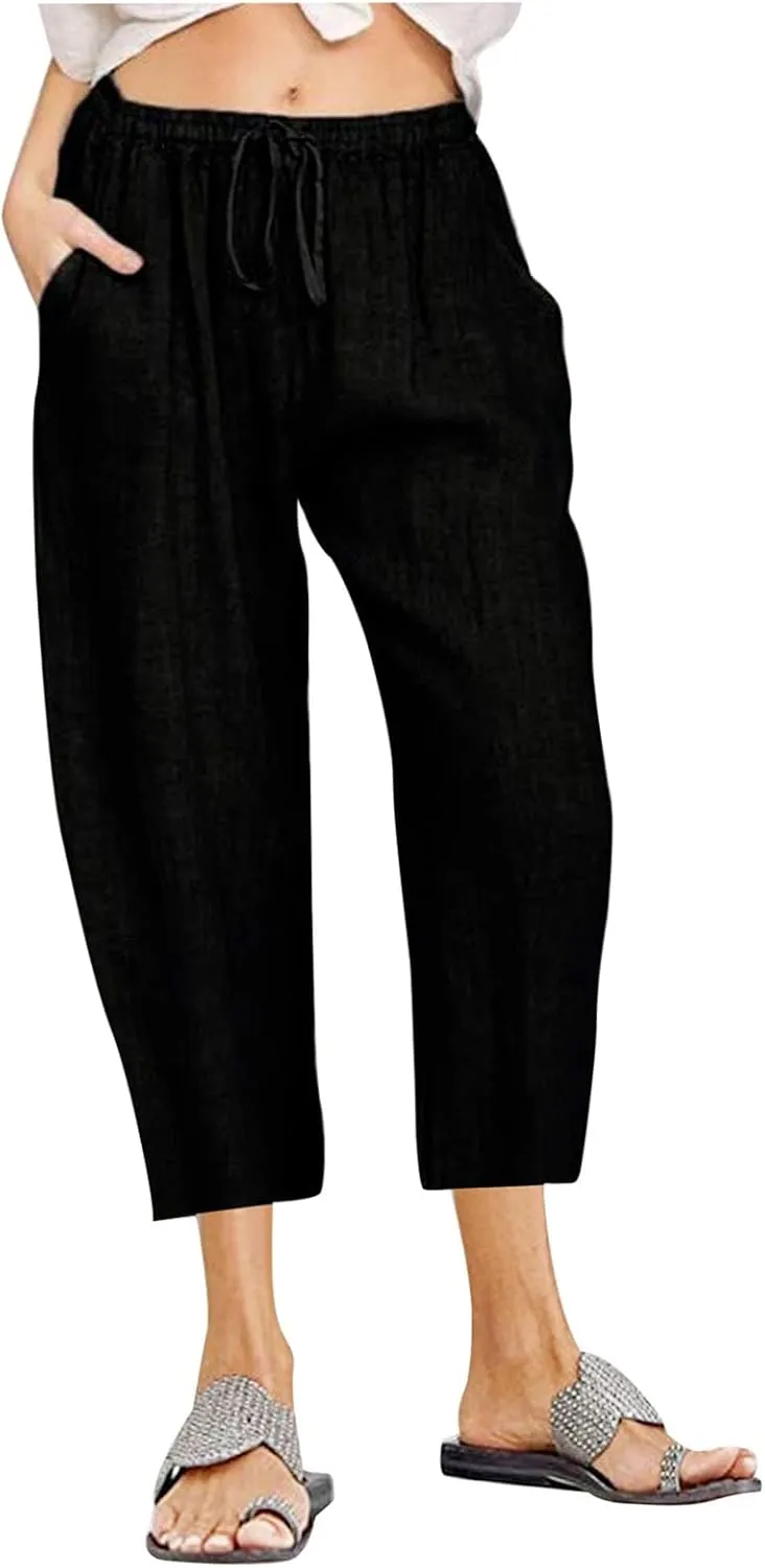 Linen Pants Women Summer Casual 2025 Capri Pants Drawstring Elastic High Waist Cropped Trousers with Pockets