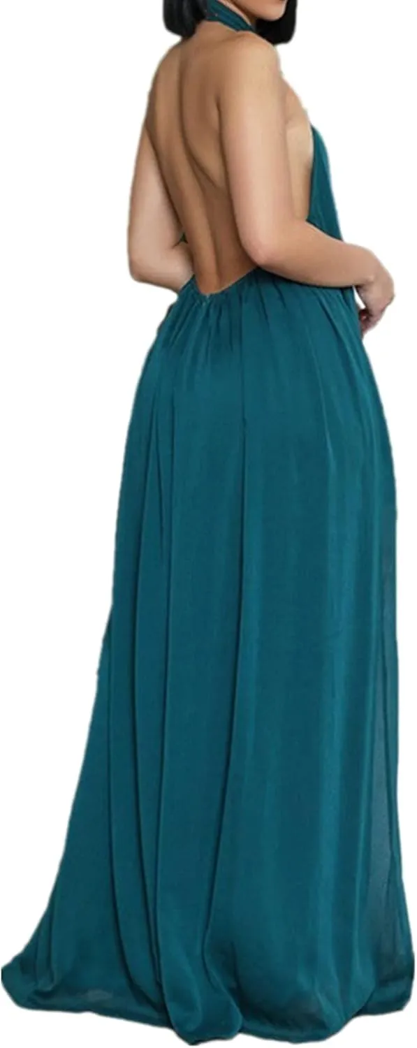 Lisa Colly Women's Sexy Casual Clubwear Wide Leg Jumpsuits Halter Sleeveless Party Chiffon Pants Long Rompers
