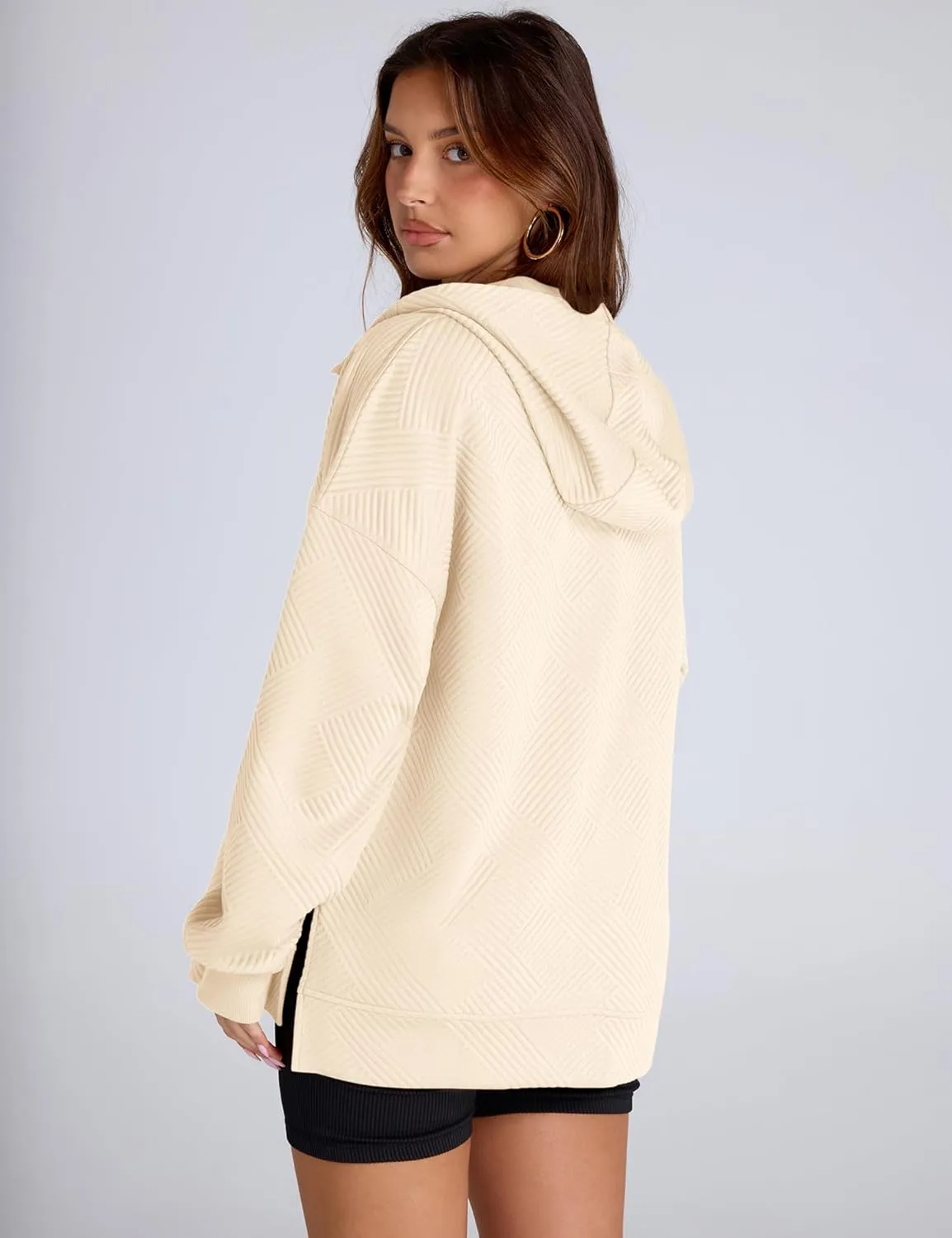 LOMON Womens Oversized Half Zip Hoodies Long Sleeve Textured Casual Sweatshirts Loose Fall Pullover Tops with Pockets