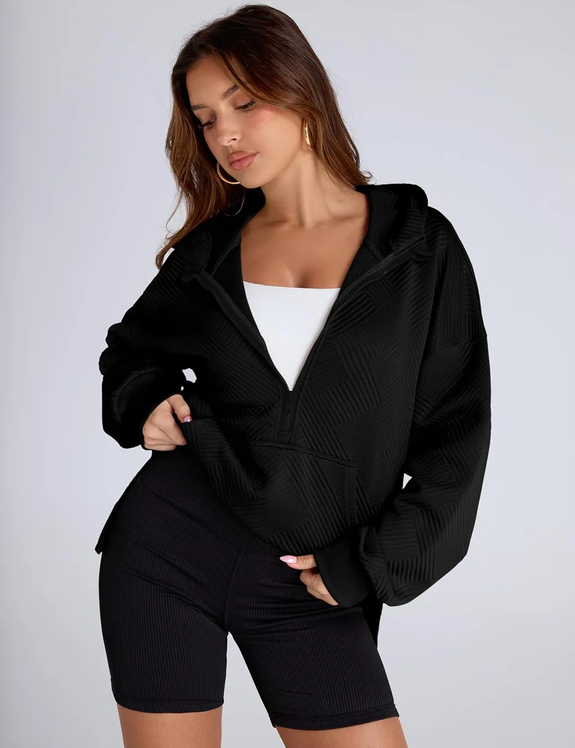 LOMON Womens Oversized Half Zip Hoodies Long Sleeve Textured Casual Sweatshirts Loose Fall Pullover Tops with Pockets