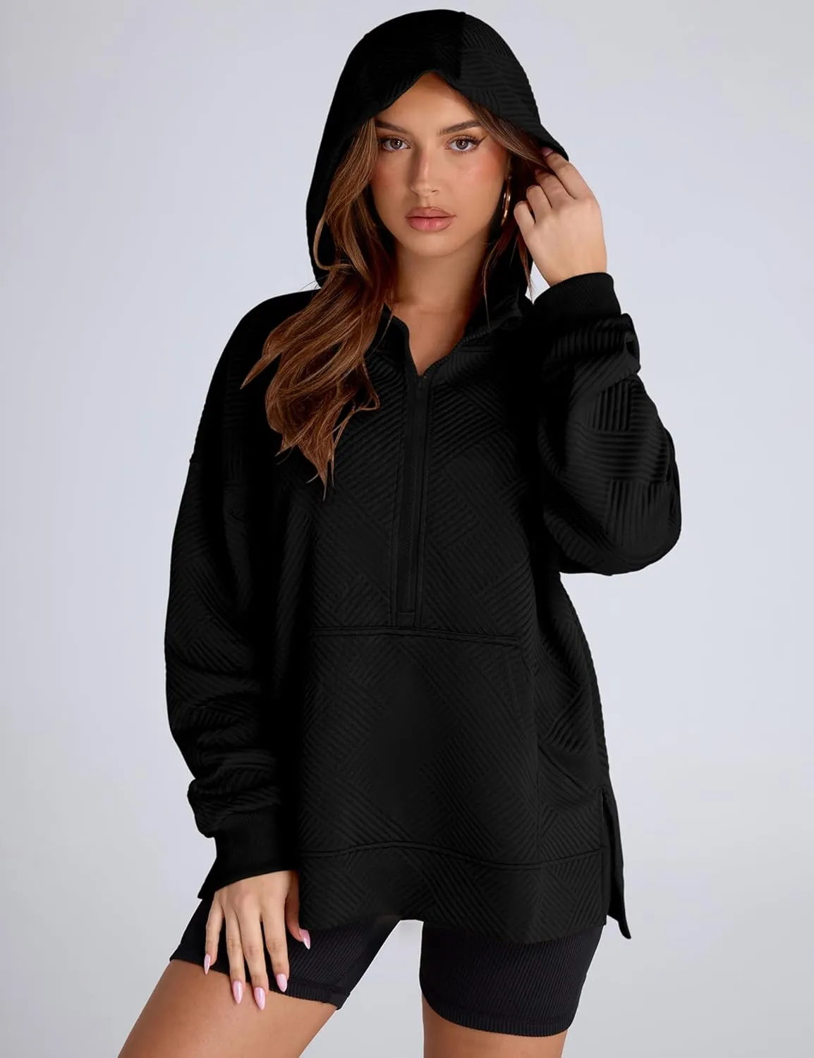LOMON Womens Oversized Half Zip Hoodies Long Sleeve Textured Casual Sweatshirts Loose Fall Pullover Tops with Pockets