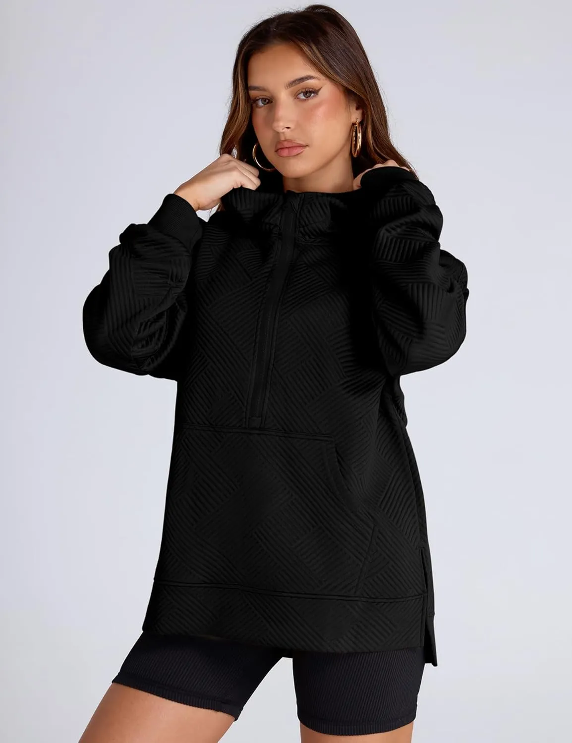 LOMON Womens Oversized Half Zip Hoodies Long Sleeve Textured Casual Sweatshirts Loose Fall Pullover Tops with Pockets