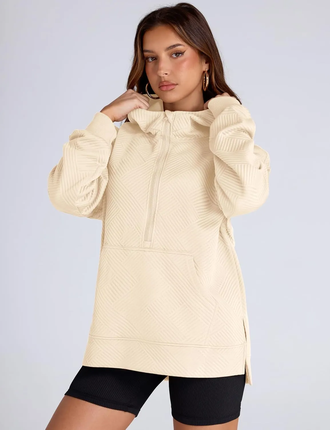 LOMON Womens Oversized Half Zip Hoodies Long Sleeve Textured Casual Sweatshirts Loose Fall Pullover Tops with Pockets