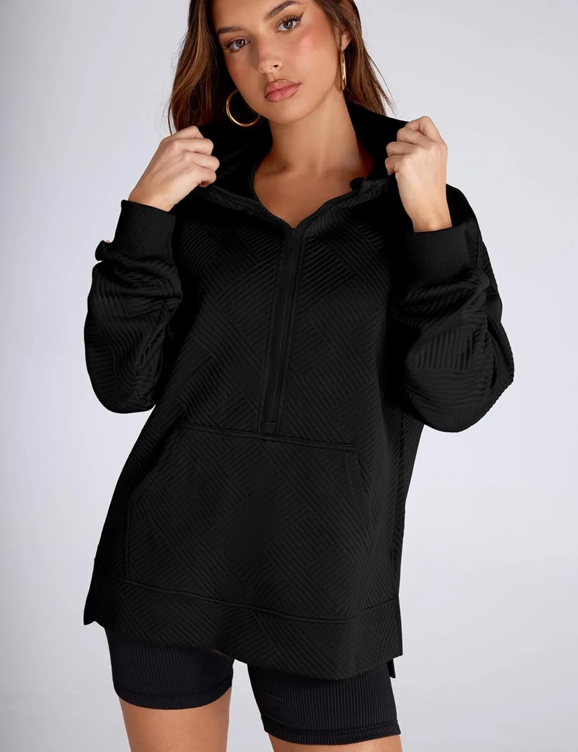 LOMON Womens Oversized Half Zip Hoodies Long Sleeve Textured Casual Sweatshirts Loose Fall Pullover Tops with Pockets