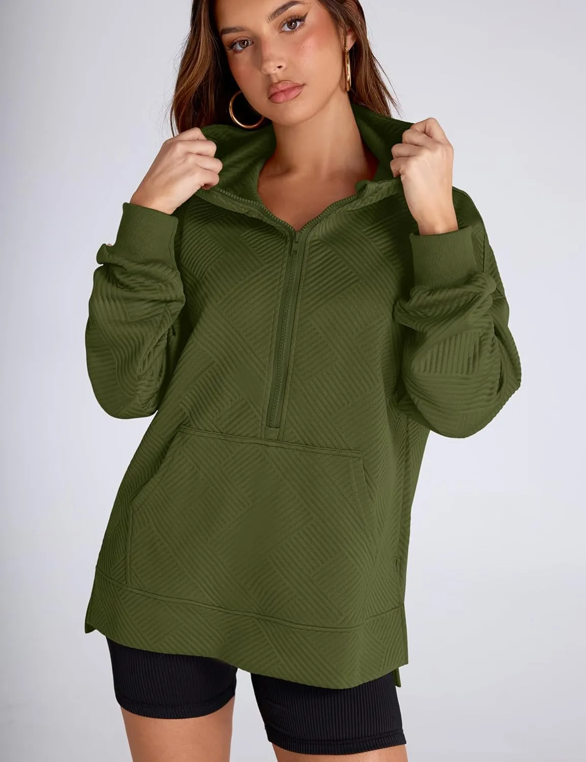 LOMON Womens Oversized Half Zip Hoodies Long Sleeve Textured Casual Sweatshirts Loose Fall Pullover Tops with Pockets