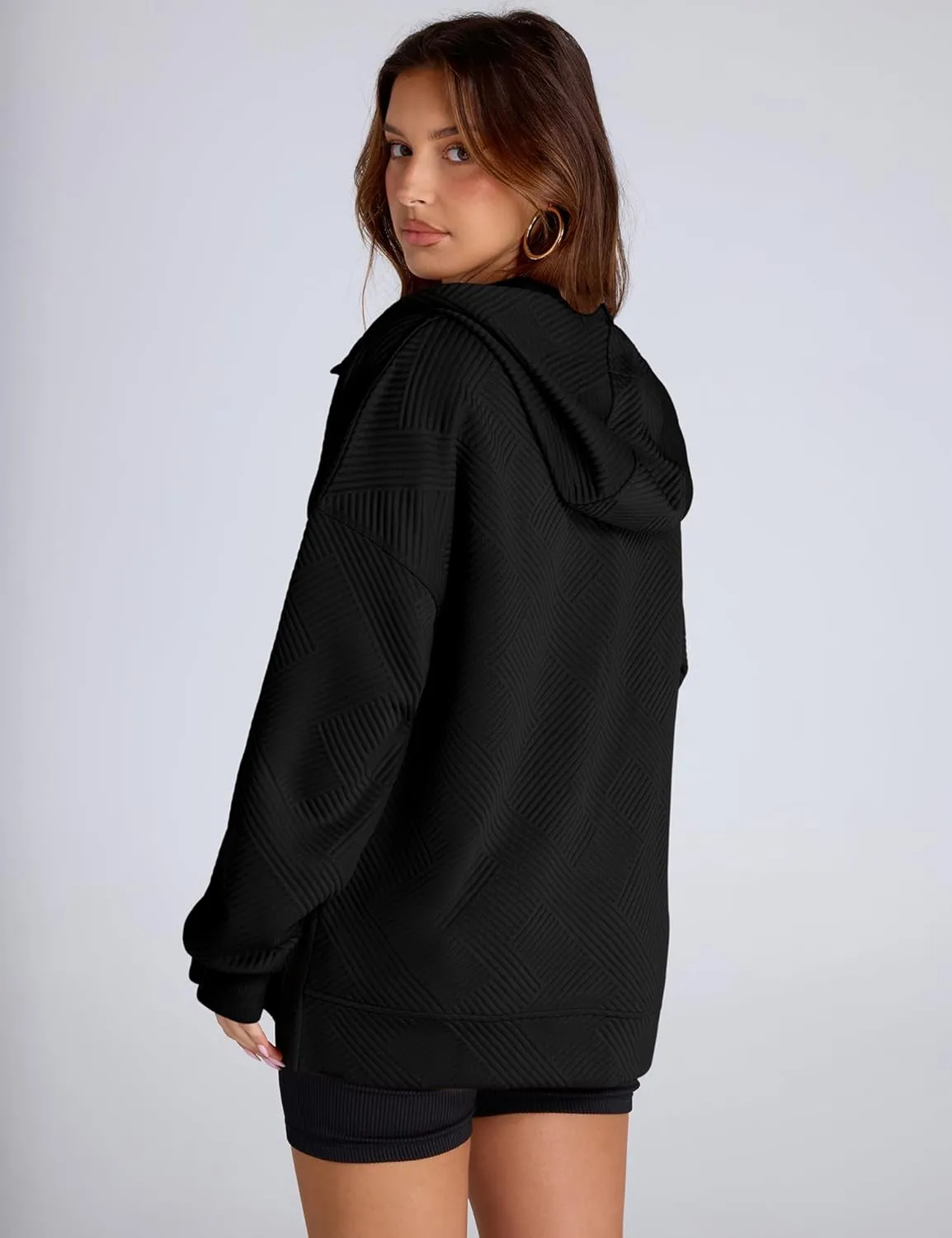 LOMON Womens Oversized Half Zip Hoodies Long Sleeve Textured Casual Sweatshirts Loose Fall Pullover Tops with Pockets