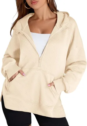 LOMON Womens Oversized Half Zip Hoodies Long Sleeve Textured Casual Sweatshirts Loose Fall Pullover Tops with Pockets
