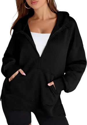 LOMON Womens Oversized Half Zip Hoodies Long Sleeve Textured Casual Sweatshirts Loose Fall Pullover Tops with Pockets