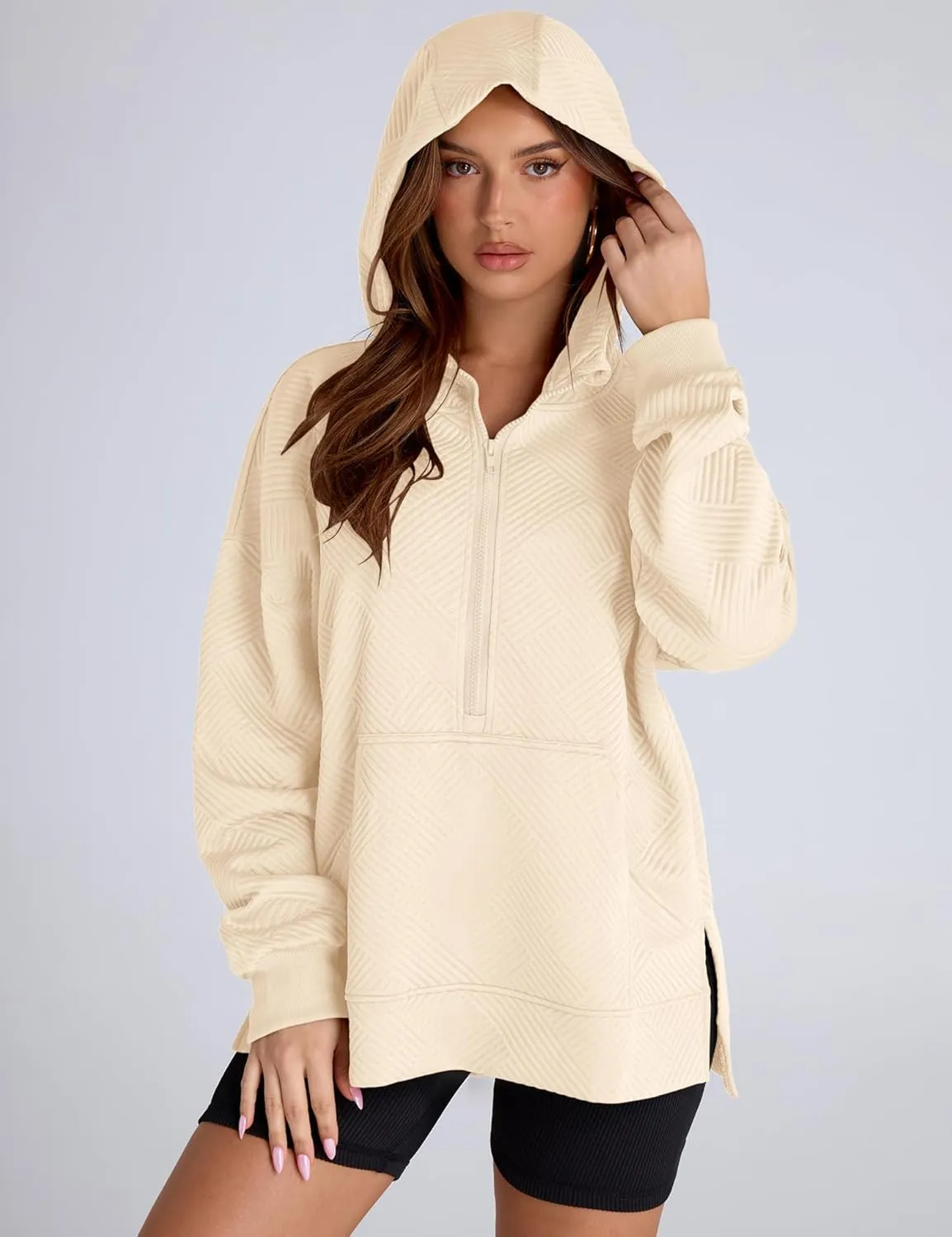LOMON Womens Oversized Half Zip Hoodies Long Sleeve Textured Casual Sweatshirts Loose Fall Pullover Tops with Pockets