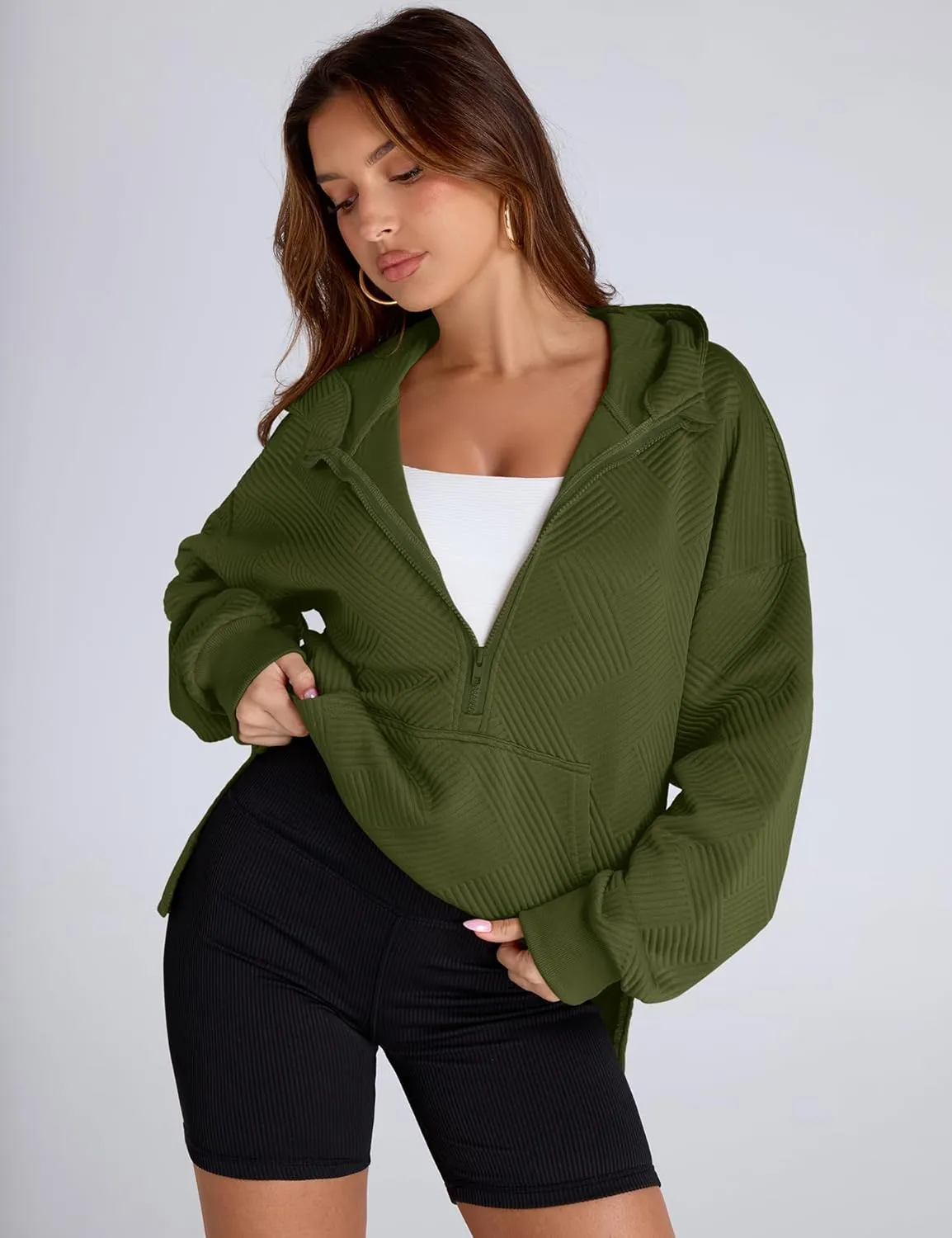 LOMON Womens Oversized Half Zip Hoodies Long Sleeve Textured Casual Sweatshirts Loose Fall Pullover Tops with Pockets